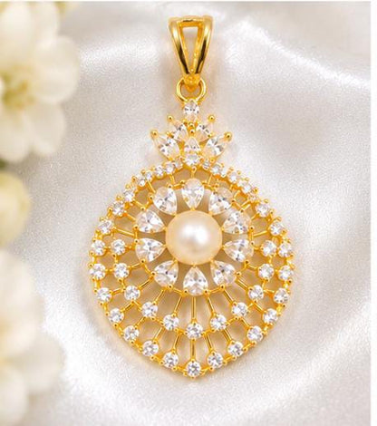 Gold Plated Pearl Pendant and Earring Set with American Diamond Stones