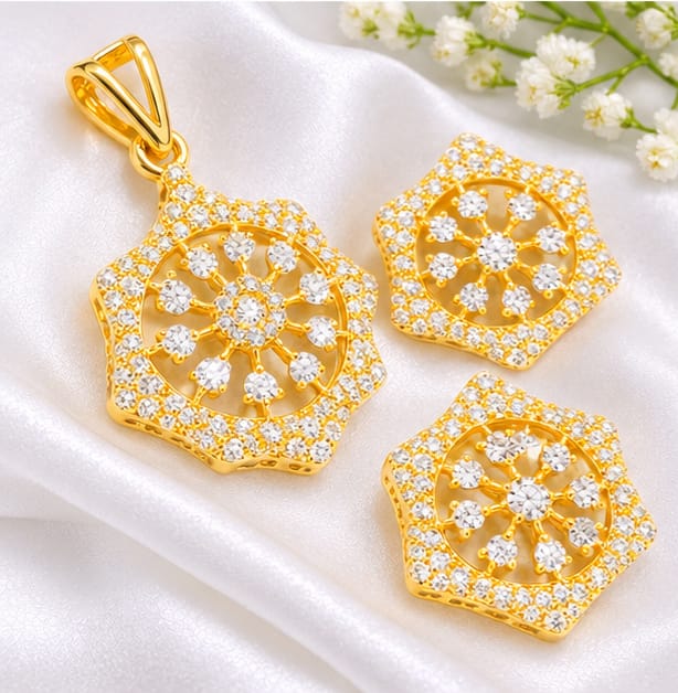 Dazzling Geometric Star Clear CZ Gold-Plated Pendant Set | Mandala Wheel Jewelry with Stud Earrings