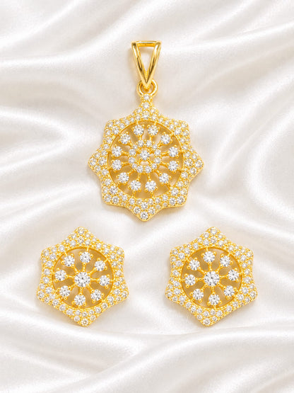 Dazzling Geometric Star Clear CZ Gold-Plated Pendant Set | Mandala Wheel Jewelry with Stud Earrings
