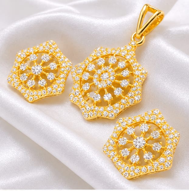 Dazzling Geometric Star Clear CZ Gold-Plated Pendant Set | Mandala Wheel Jewelry with Stud Earrings