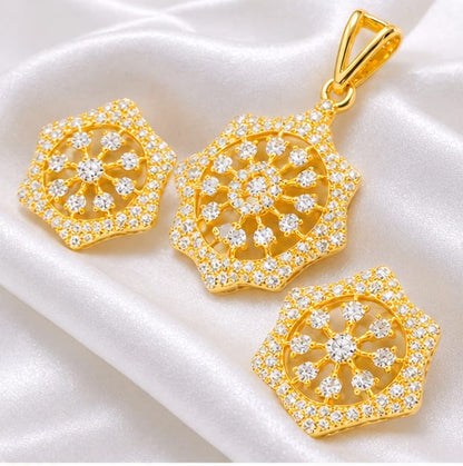 Dazzling Geometric Star Clear CZ Gold-Plated Pendant Set | Mandala Wheel Jewelry with Stud Earrings