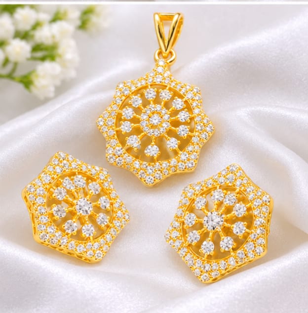 Dazzling Geometric Star Clear CZ Gold-Plated Pendant Set | Mandala Wheel Jewelry with Stud Earrings
