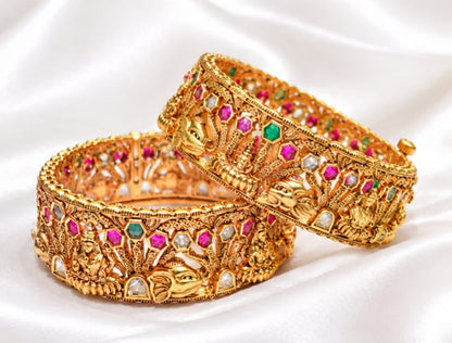 Divine Goddess Lakshmi & Elephant Nakshi Openable Bangle – Gold Plated Temple Jewelry Kada with Kemp Stones