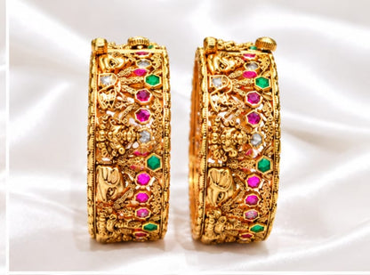 Divine Goddess Lakshmi & Elephant Nakshi Openable Bangle – Gold Plated Temple Jewelry Kada with Kemp Stones
