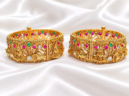 Divine Goddess Lakshmi & Elephant Nakshi Openable Bangle – Gold Plated Temple Jewelry Kada with Kemp Stones
