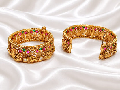 Divine Goddess Lakshmi & Elephant Nakshi Openable Bangle – Gold Plated Temple Jewelry Kada with Kemp Stones