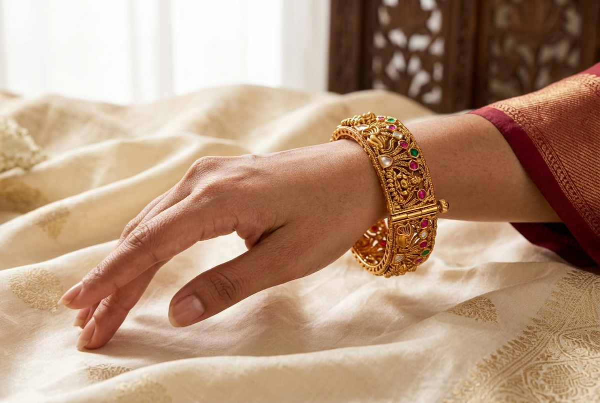 Divine Goddess Lakshmi & Elephant Nakshi Openable Bangle – Gold Plated Temple Jewelry Kada with Kemp Stones