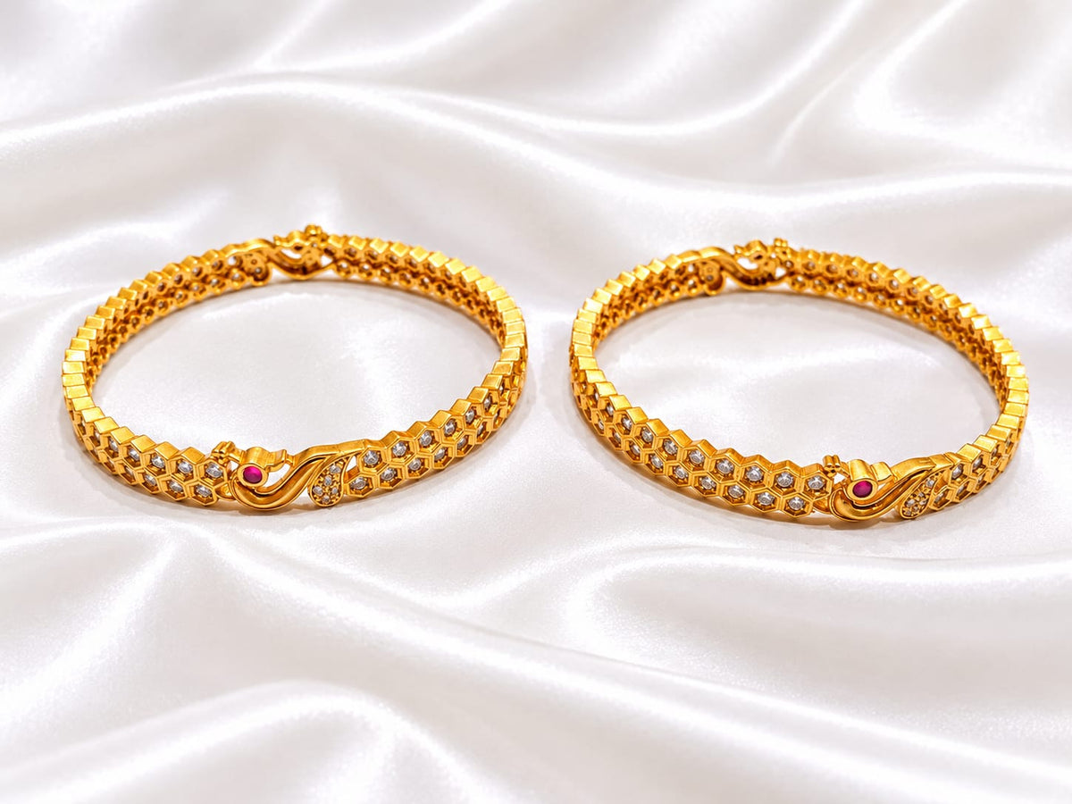 Elegant Peacock Motif Gold Plated Honeycomb Bangles  – Fixed Slip-On CZ & Ruby Stone Bangle Set
