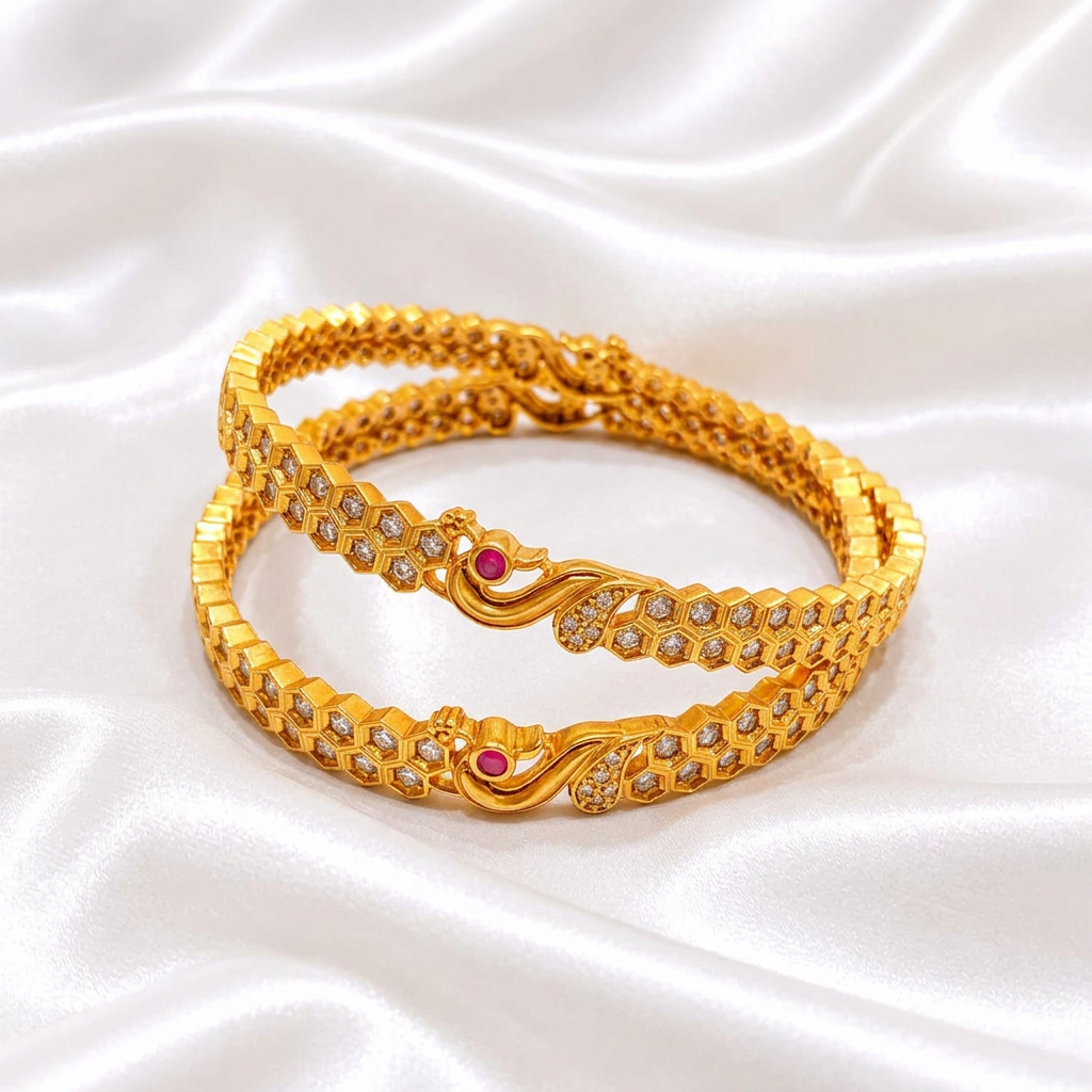 Elegant Peacock Motif Gold Plated Honeycomb Bangles  – Fixed Slip-On CZ & Ruby Stone Bangle Set