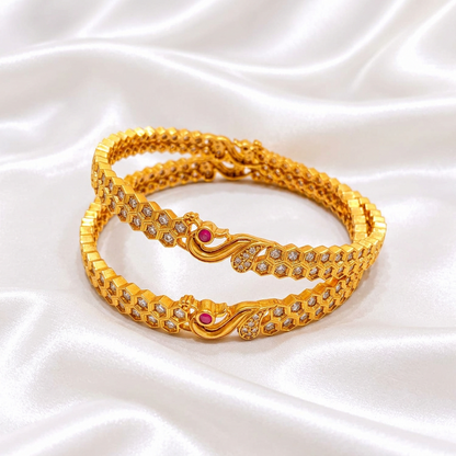 Elegant Peacock Motif Gold Plated Honeycomb Bangles  – Fixed Slip-On CZ & Ruby Stone Bangle Set