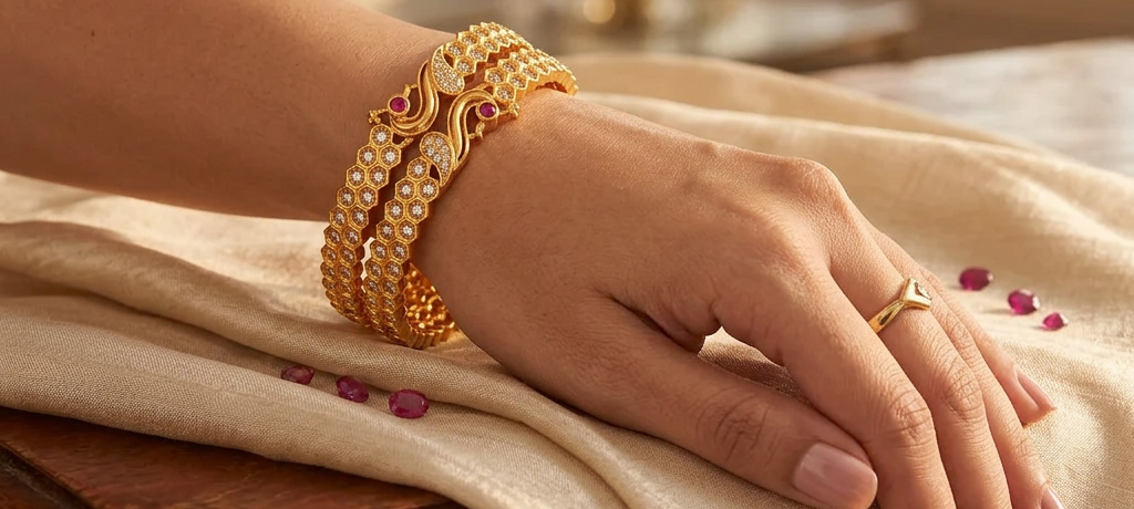 Elegant Peacock Motif Gold Plated Honeycomb Bangles  – Fixed Slip-On CZ & Ruby Stone Bangle Set