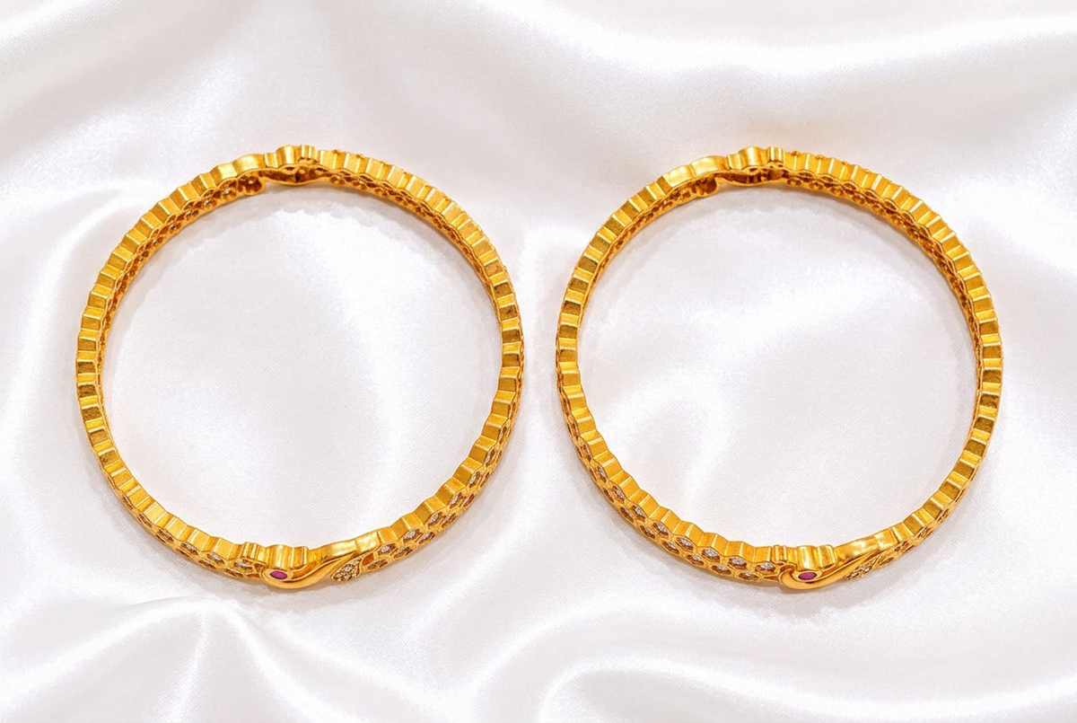 Elegant Peacock Motif Gold Plated Honeycomb Bangles  – Fixed Slip-On CZ & Ruby Stone Bangle Set