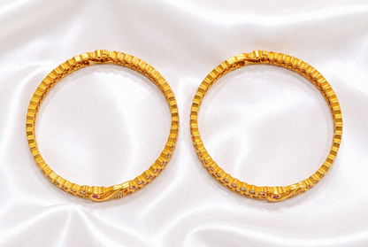 Elegant Peacock Motif Gold Plated Honeycomb Bangles  – Fixed Slip-On CZ & Ruby Stone Bangle Set