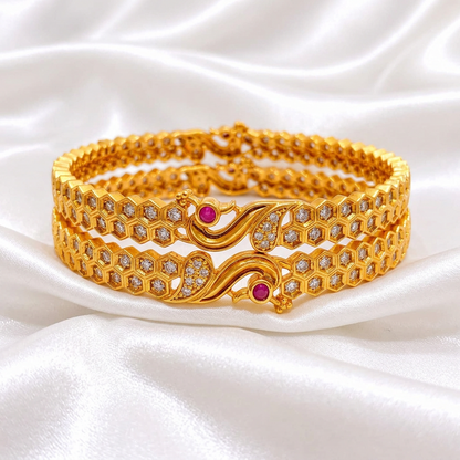 Elegant Peacock Motif Gold Plated Honeycomb Bangles  – Fixed Slip-On CZ & Ruby Stone Bangle Set