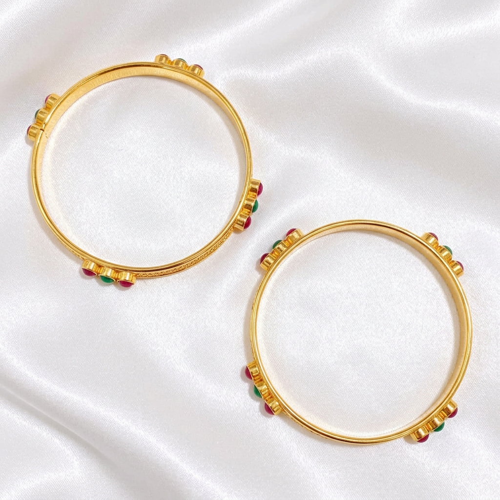 Minimalist Traditional Gold Finish Bangle Pair | Bezel-Set Ruby & Emerald Stones with Braided Texture