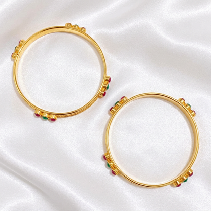 Minimalist Traditional Gold Finish Bangle Pair | Bezel-Set Ruby & Emerald Stones with Braided Texture