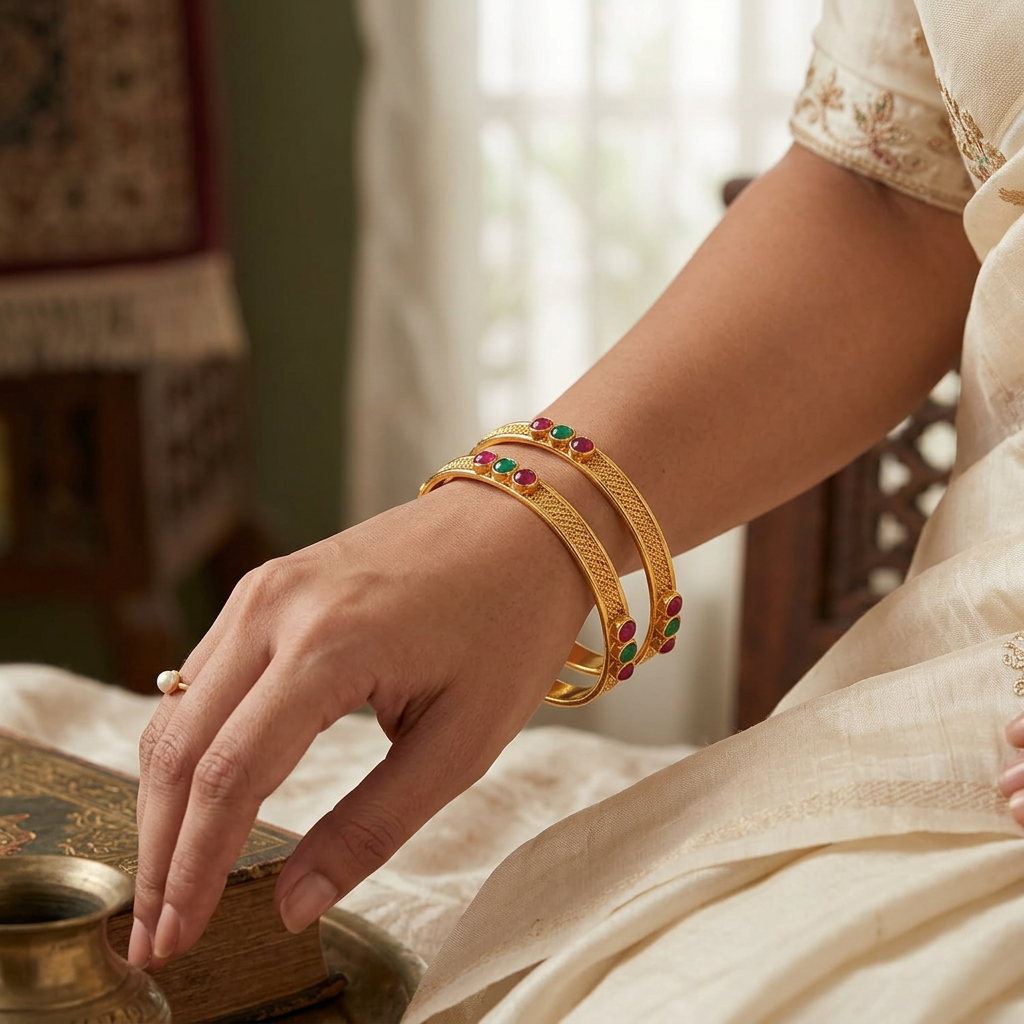 Minimalist Traditional Gold Finish Bangle Pair | Bezel-Set Ruby & Emerald Stones with Braided Texture