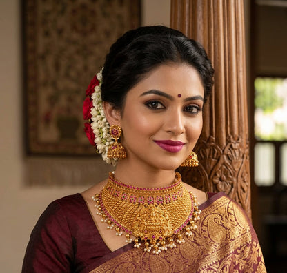 Antique Gold Finish Goddess Lakshmi Temple Choker Necklace & Jhumka Earrings Set