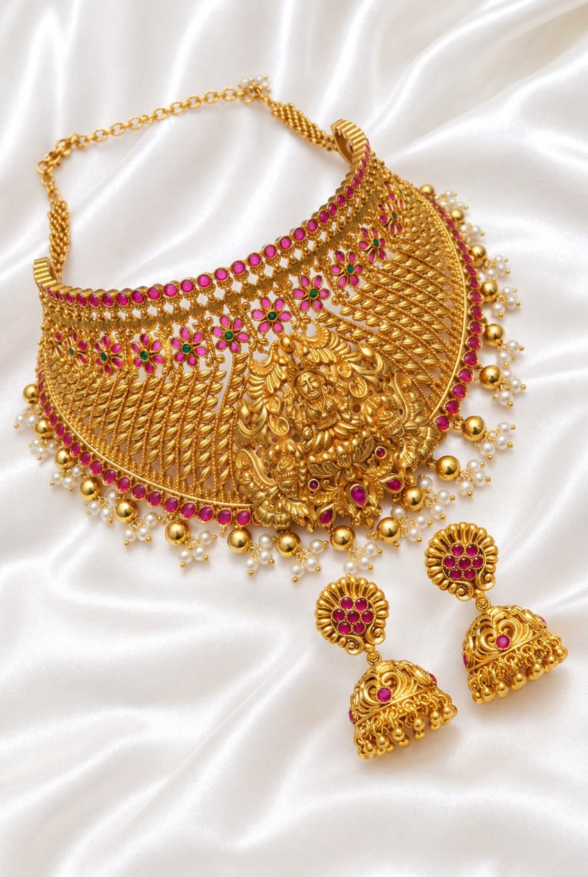 Antique Gold Finish Goddess Lakshmi Temple Choker Necklace & Jhumka Earrings Set