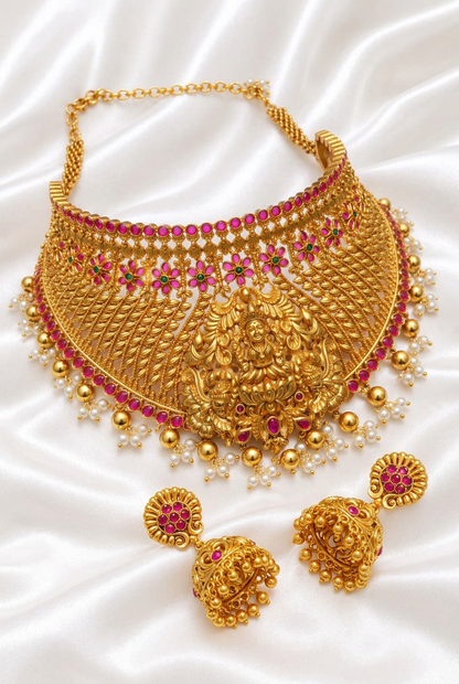 Antique Gold Finish Goddess Lakshmi Temple Choker Necklace & Jhumka Earrings Set