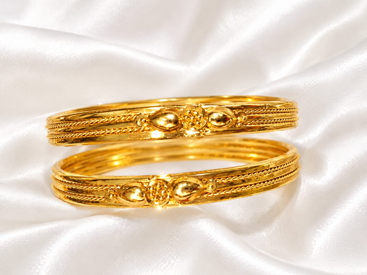 Classic Textured Gold Finish Fixed Bangles with Floral Center Cluster (Set of 2)