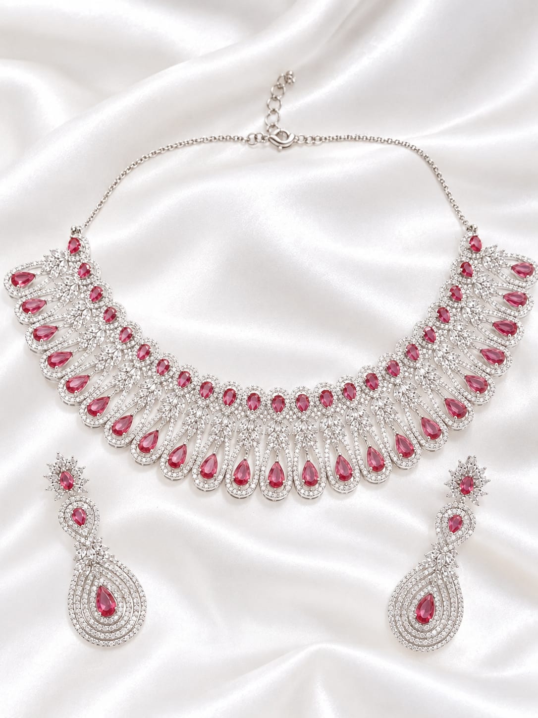 Elegant Red Teardrop Stone Silver-Finish Necklace and Earring Set