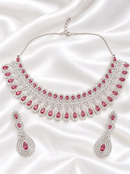 Elegant Red Teardrop Stone Silver-Finish Necklace and Earring Set