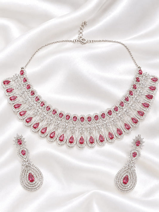 Elegant Red Teardrop Stone Silver-Finish Necklace and Earring Set