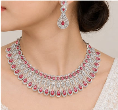 Elegant Red Teardrop Stone Silver-Finish Necklace and Earring Set