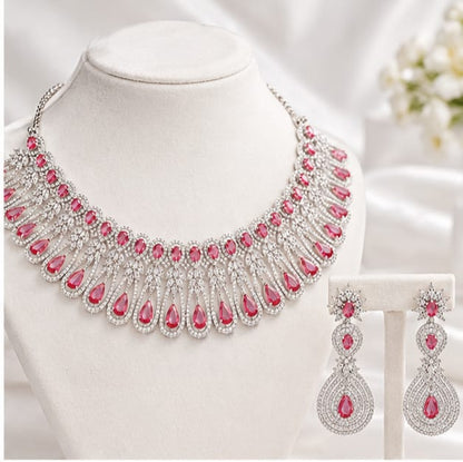 Elegant Red Teardrop Stone Silver-Finish Necklace and Earring Set