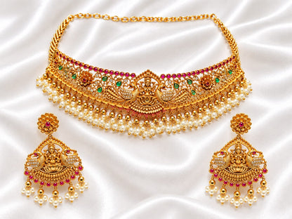 Antique Gold Temple Jewelry Goddess Lakshmi Choker Set with Earring