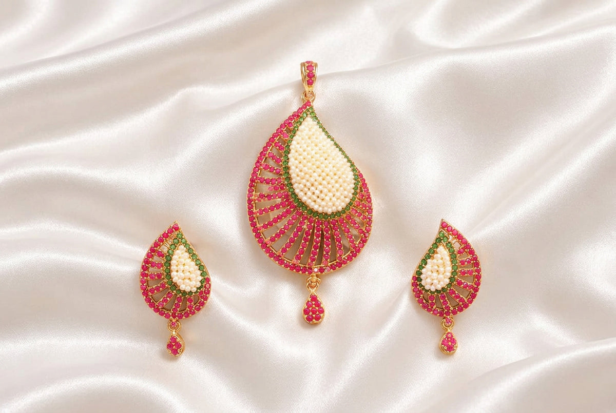 Elegant Teardrop Pearl & Ruby Emerald CZ Stone Pendant Set | Gold Plated Indian Ethnic Jewelry Set