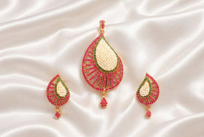 Elegant Teardrop Pearl & Ruby Emerald CZ Stone Pendant Set | Gold Plated Indian Ethnic Jewelry Set