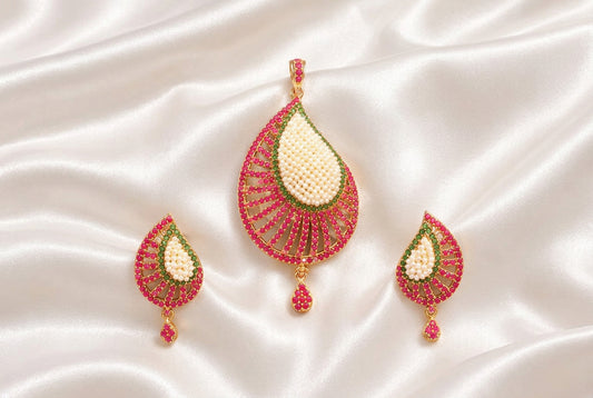 Elegant Teardrop Pearl & Ruby Emerald CZ Stone Pendant Set | Gold Plated Indian Ethnic Jewelry Set
