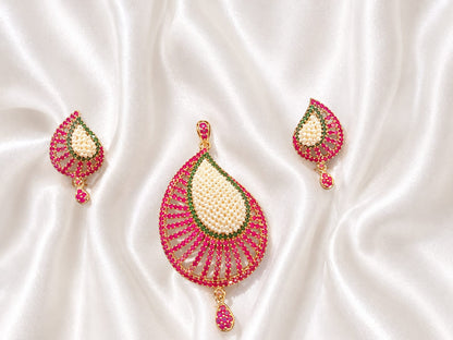 Elegant Teardrop Pearl & Ruby Emerald CZ Stone Pendant Set | Gold Plated Indian Ethnic Jewelry Set