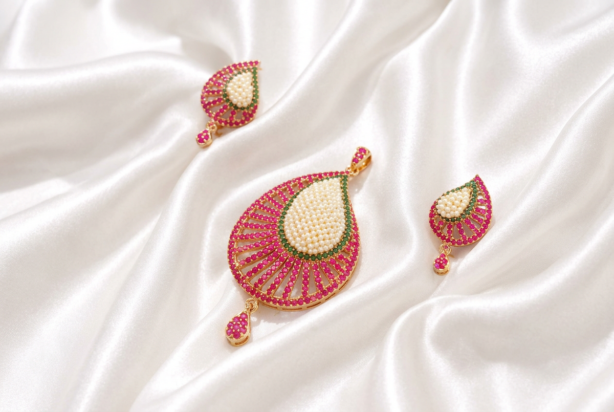 Elegant Teardrop Pearl & Ruby Emerald CZ Stone Pendant Set | Gold Plated Indian Ethnic Jewelry Set