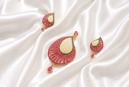 Elegant Teardrop Pearl & Ruby Emerald CZ Stone Pendant Set | Gold Plated Indian Ethnic Jewelry Set