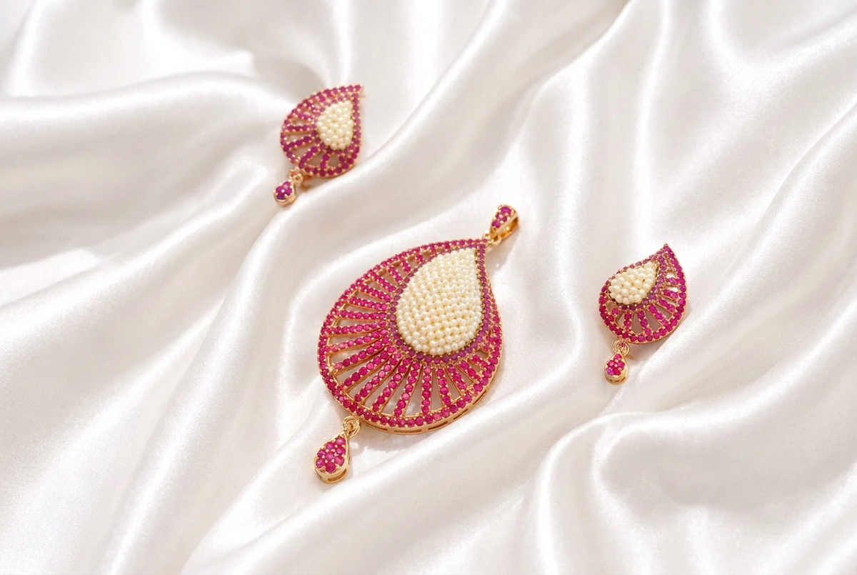 Teardrop Pearl Cluster & Ruby Pink CZ Stone Pendant Set | Gold Finish Indian Ethnic Jewelry Set