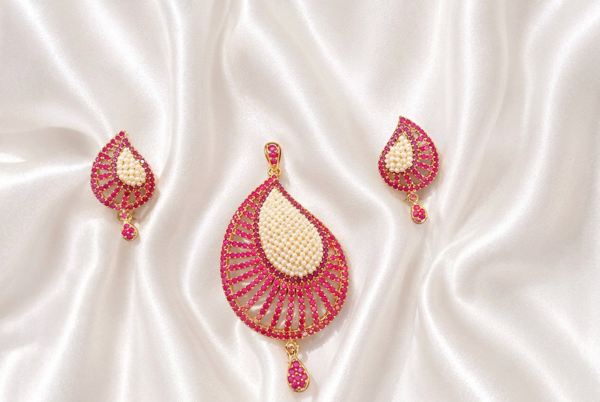 Teardrop Pearl Cluster & Ruby Pink CZ Stone Pendant Set | Gold Finish Indian Ethnic Jewelry Set