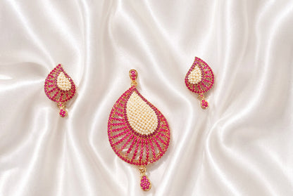 Teardrop Pearl Cluster & Ruby Pink CZ Stone Pendant Set | Gold Finish Indian Ethnic Jewelry Set