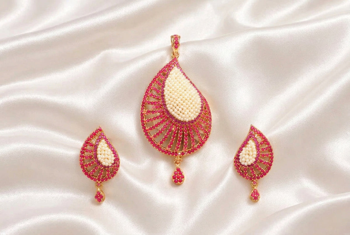Teardrop Pearl Cluster & Ruby Pink CZ Stone Pendant Set | Gold Finish Indian Ethnic Jewelry Set