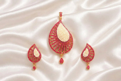 Teardrop Pearl Cluster & Ruby Pink CZ Stone Pendant Set | Gold Finish Indian Ethnic Jewelry Set