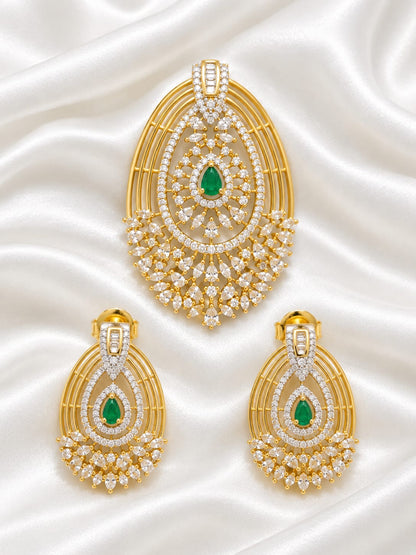 Gold Plated Cubic Zirconia Emerald Teardrop Pendant Set | CZ Diamond Ethnic Jewelry Set