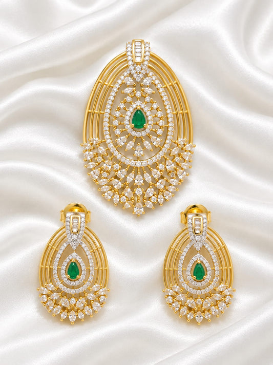 Gold Plated Cubic Zirconia Emerald Teardrop Pendant Set | CZ Diamond Ethnic Jewelry Set