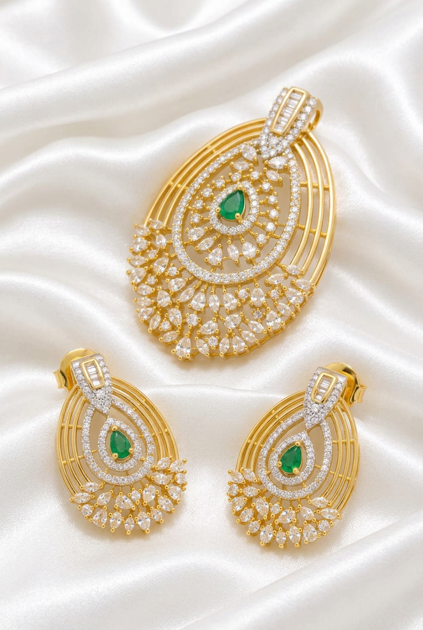 Gold Plated Cubic Zirconia Emerald Teardrop Pendant Set | CZ Diamond Ethnic Jewelry Set