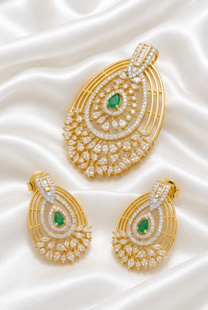 Gold Plated Cubic Zirconia Emerald Teardrop Pendant Set | CZ Diamond Ethnic Jewelry Set