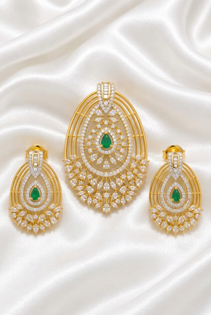 Gold Plated Cubic Zirconia Emerald Teardrop Pendant Set | CZ Diamond Ethnic Jewelry Set