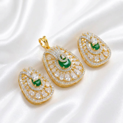 Gold Plated Cubic Zirconia Emerald Green Statement Pendant & Stud Earrings Set