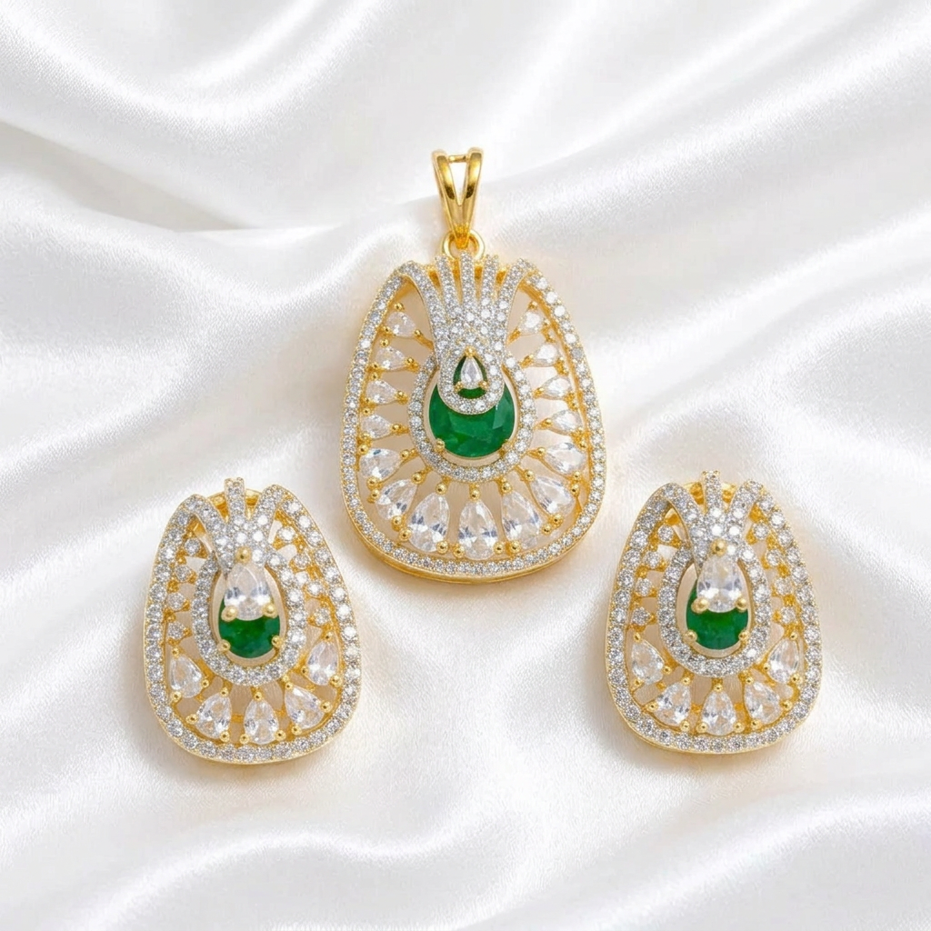 Gold Plated Cubic Zirconia Emerald Green Statement Pendant & Stud Earrings Set