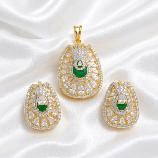 Gold Plated Cubic Zirconia Emerald Green Statement Pendant & Stud Earrings Set